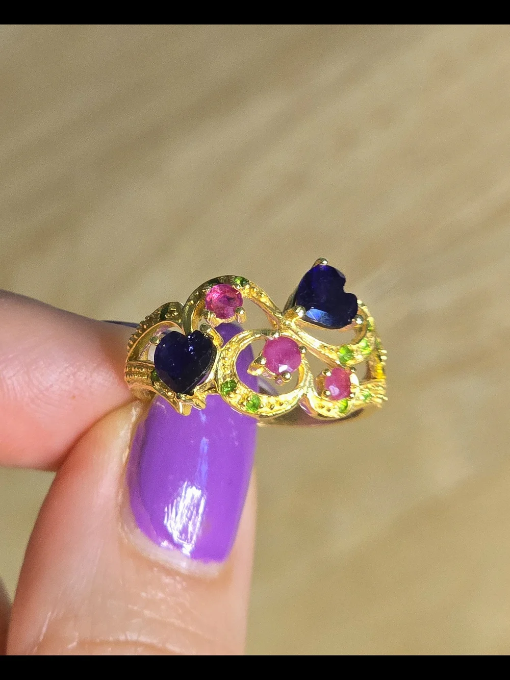 14k Gold Plated Silver Ring Blue Sapphire Hearts, Ruby, & Chrome Diopside Size 7